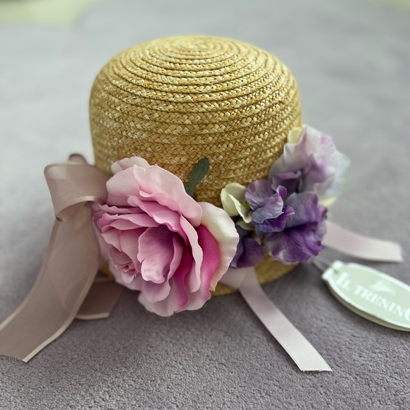 Girls Straw Hat with Flowers and ribbons. Size 52. NEW - Picture 4 of 11